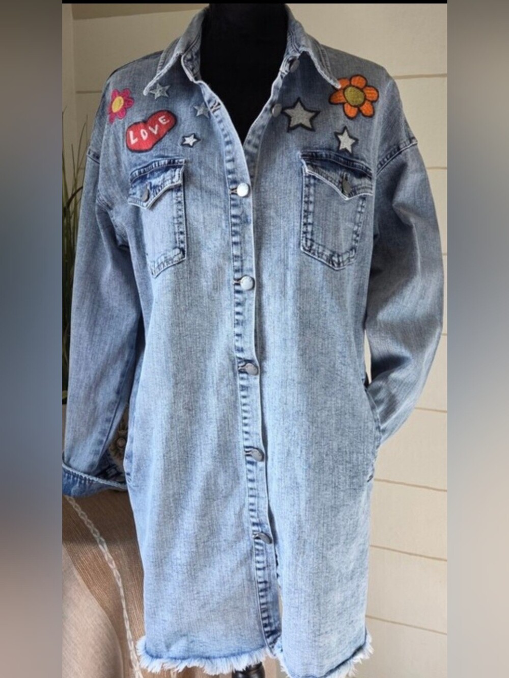 Billy T Embroidered Denim Longline Trench Shacket Shirt Light Wash Western Layer